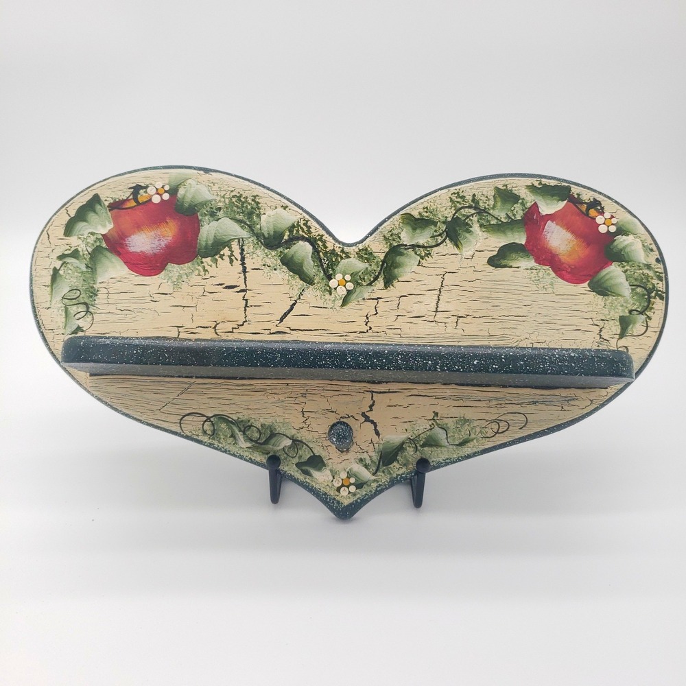 Rustic Heart Wall Shelf Hand Painted Apple Vine Crackle Finish Country Decor